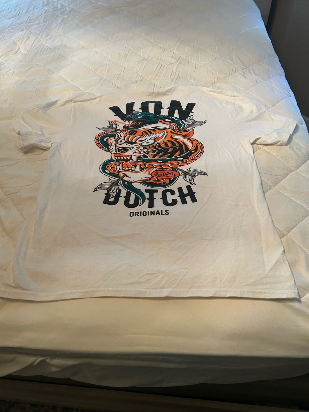 Von Dutch White Tee with Orange & Teal Tiger Graphic